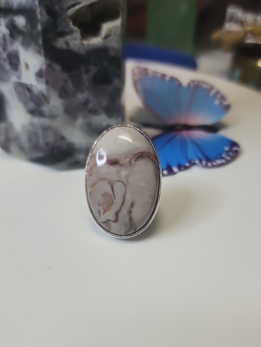 Oval Grey Marbled Stone Ring